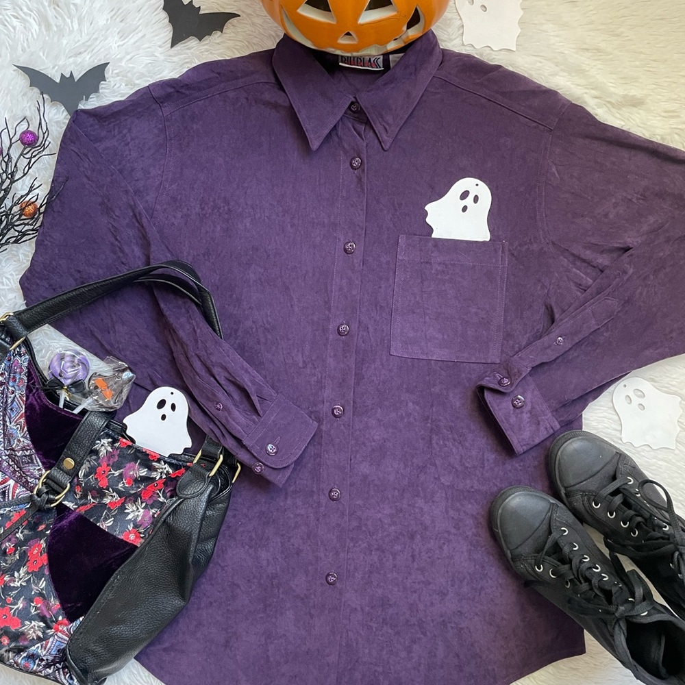 90s Billblass jeans purple button down long sleeve top - Picture 13 of 17